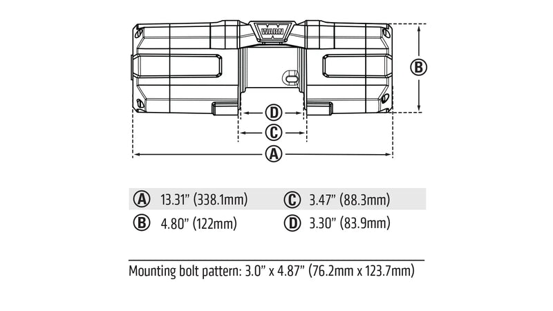Warn dimension drawing for the AXON 45RC with lettered overall dimensions and the mounting bolt pattern called out