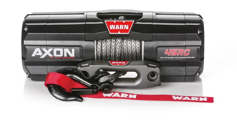 Warn AXON 45RC powersports winch, front elevation on white, showing synthetic rope on the drum, the epic hawse fairlead and the hook with its red Warn strap