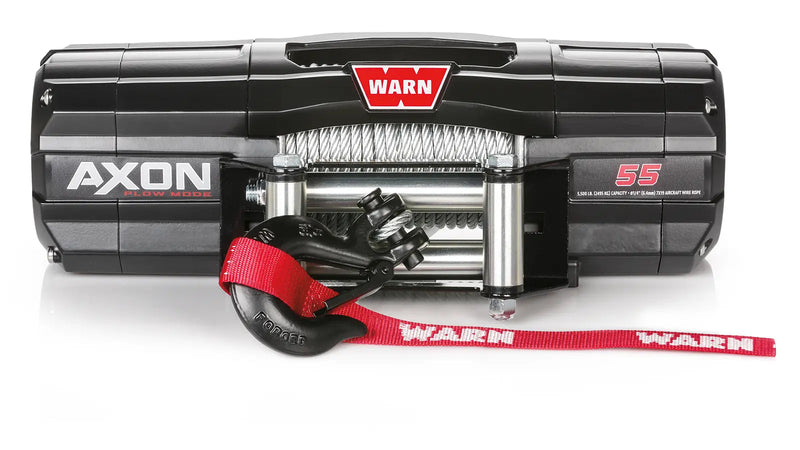 Warn AXON 55 powersports winch, front elevation on white, showing steel wire rope on the drum, the roller fairlead and the hook with its red Warn strap