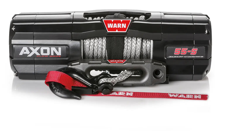 Warn AXON 55-S powersports winch, front elevation on white, showing synthetic rope on the drum, the epic hawse fairlead and the hook with its red Warn strap