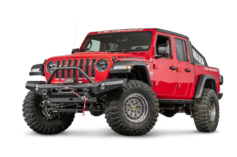 Warn Elite Front Bumper with Grille Guard Tube for 2020-2026 Jeep Gladiator / 2018-2026 Jeep Wrangler, installed on a red Jeep Gladiator, winch sold separately