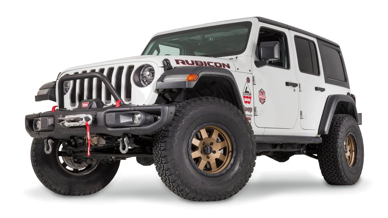 Warn Mid-Height Stinger Grille Guard Tube for 2020-2021 Jeep Gladiator / 2018-2021 Jeep Wrangler, mounted on the factory Rubicon bumper of a Jeep Wrangler JL, winch sold separately