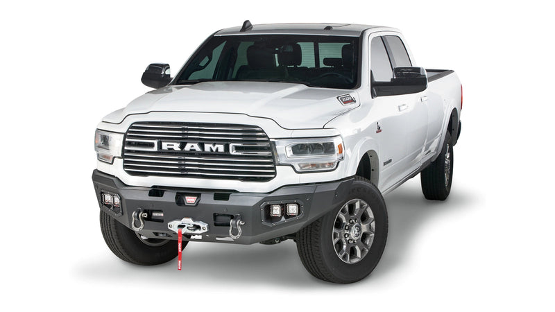 Warn Ascent Front Bumper for 2019-2026 Ram 2500/3500, shown installed on the truck