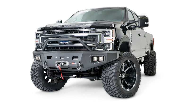 Warn Ascent HD Front Bumper with Prerunner Grille Guard for 2017-2021 Ford F-250/F-350 Super Duty, shown installed on the truck