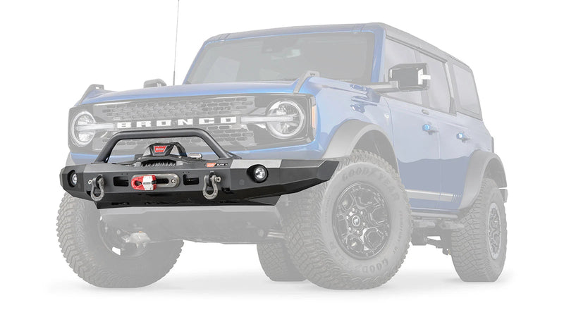 Warn Elite Front Bumper with Prerunner Grille Guard for 2021-2026 Ford Bronco, ghost view with the vehicle faded to show the bumper