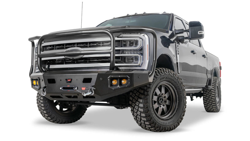 Warn Ascent HD Front Bumper with Full Grille Guard for 2023-2026 Ford F-250/F-350/F-450/F-550 Super Duty, shown installed on the truck