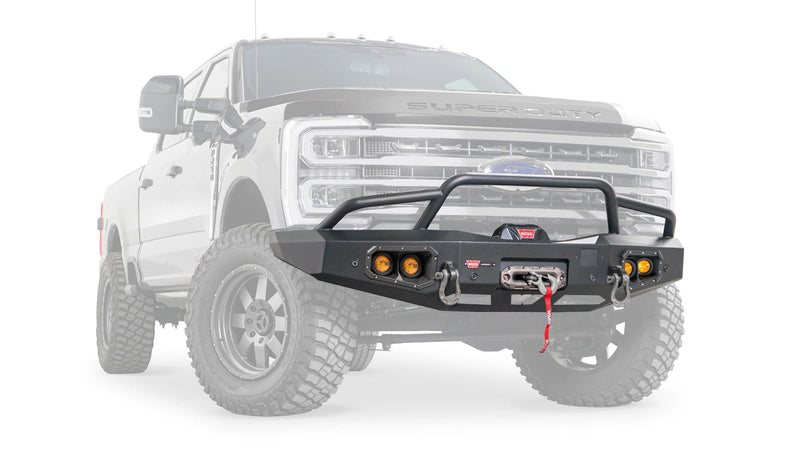 Warn Ascent Front Bumper with Prerunner Grille Guard for 2023-2026 Ford F-250/F-350/F-450/F-550 Super Duty, ghost view showing the bumper with the vehicle faded out
