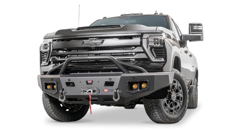 Warn Ascent HD Front Bumper with Prerunner Grille Guard for 2024-2026 Chevrolet Silverado 2500/3500 HD, shown installed on the truck