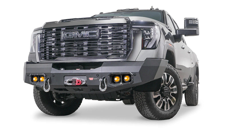 Warn Ascent Front Bumper for 2024-2026 GMC Sierra 2500/3500 HD, shown installed on the truck