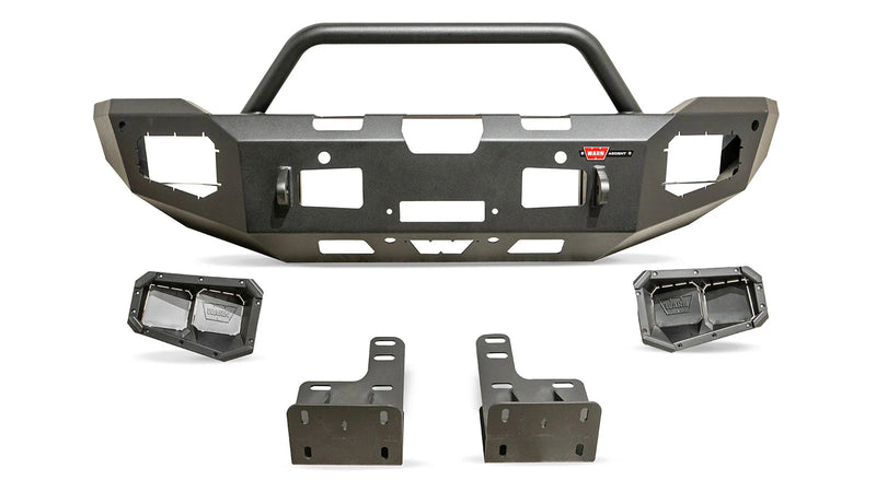 Warn Ascent Front Bumper for 2019-2026 Ram 2500/3500, bumper, grille guard tube, light housings and mounting brackets laid out