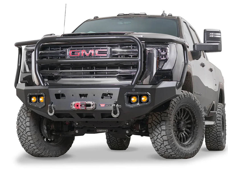 Warn Ascent HD Front Bumper with Full Grille Guard for 2024-2026 GMC Sierra 2500/3500 HD, shown installed on the truck