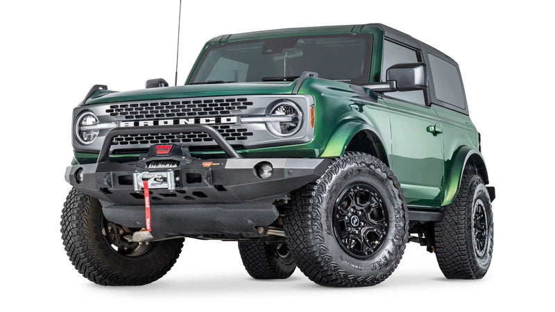 Warn Elite Front Bumper with Prerunner Grille Guard for 2021-2026 Ford Bronco, installed on a Ford Bronco, winch sold separately