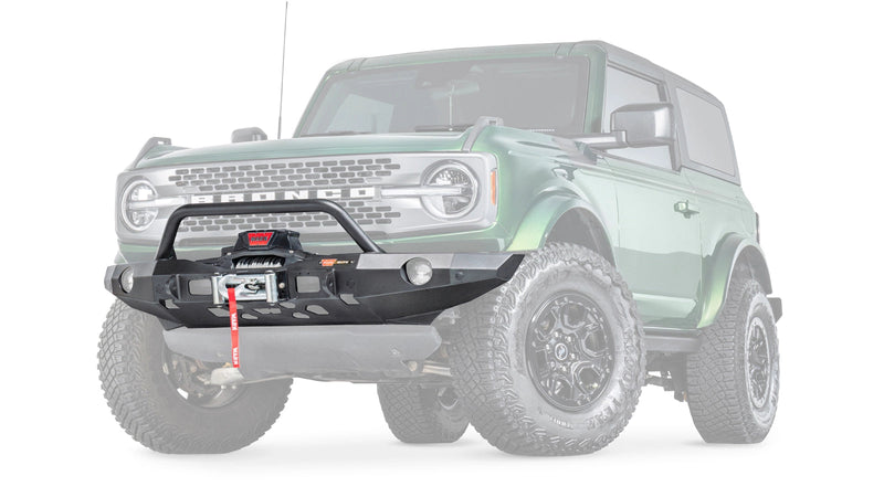 Warn Elite Front Bumper with Prerunner Grille Guard for 2021-2026 Ford Bronco, ghost view with the vehicle faded to show the bumper