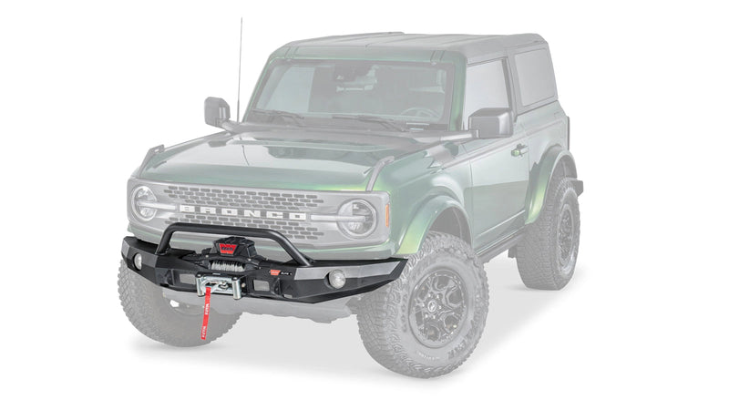 Warn Elite Front Bumper with Prerunner Grille Guard for 2021-2026 Ford Bronco, high-angle ghost view