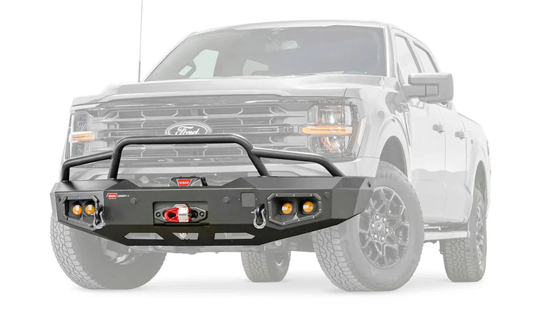 Warn Ascent Front Bumper with Prerunner Grille Guard for 2024-2025 Ford F-150, ghost view showing the bumper with the vehicle faded out