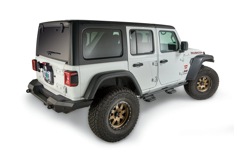 Warn Rock Sliders for 2019-2026 Jeep Wrangler 4-Door, on a Jeep Wrangler JL 4-door, shown with Warn steps (PN 102254, sold separately)