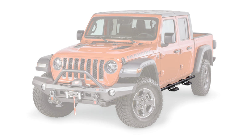 Warn Rock Sliders for 2020-2025 Jeep Gladiator, on a Jeep Gladiator, vehicle faded to show the sliders