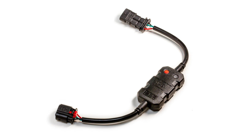 Warn HUB wireless receiver, a small moulded black module with a red pairing button and a status LED, on a short harness with a sealed multi-pin connector at each end for AXON winches