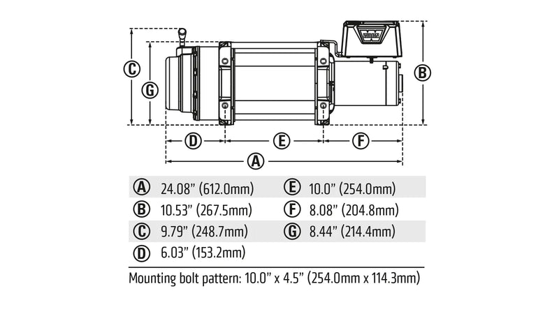 Warn dimension drawing for the M12 winch with overall length, height, depth and the mounting bolt pattern called out
