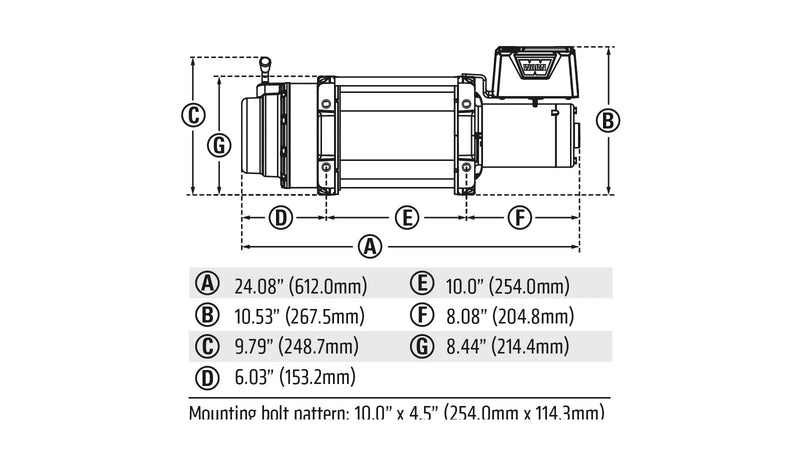 Warn dimension drawing for the M15 winch with overall length, height, depth and the mounting bolt pattern called out