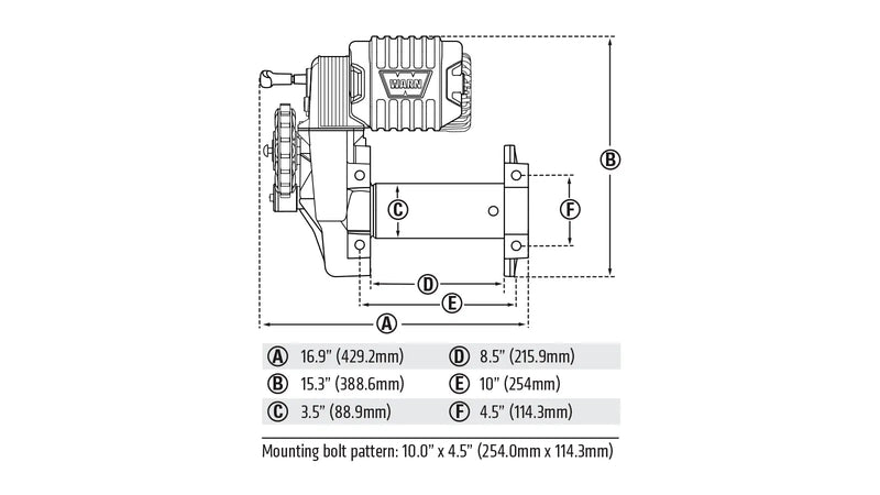 Warn dimension drawing for the M8274 winch with overall length, height, drum diameter and the mounting bolt pattern called out