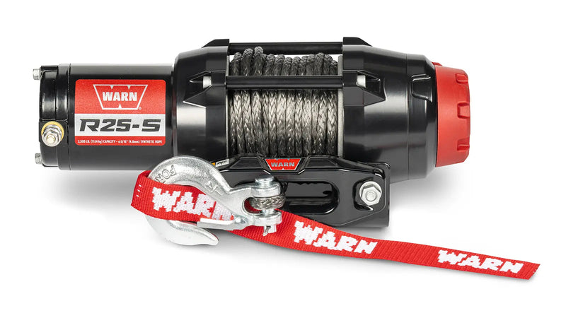 Warn R25-S powersports winch, front elevation on white, showing synthetic rope on the drum, the hawse fairlead and the hook with its red Warn strap