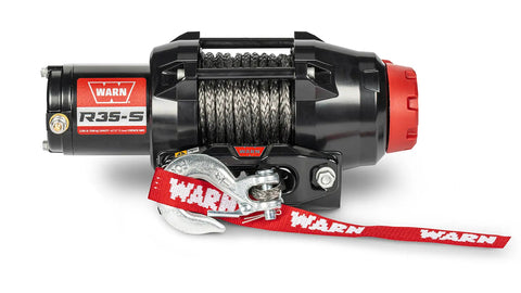 Warn R35-S powersports winch, front elevation on white, showing synthetic rope on the drum, the hawse fairlead and the hook with its red Warn strap