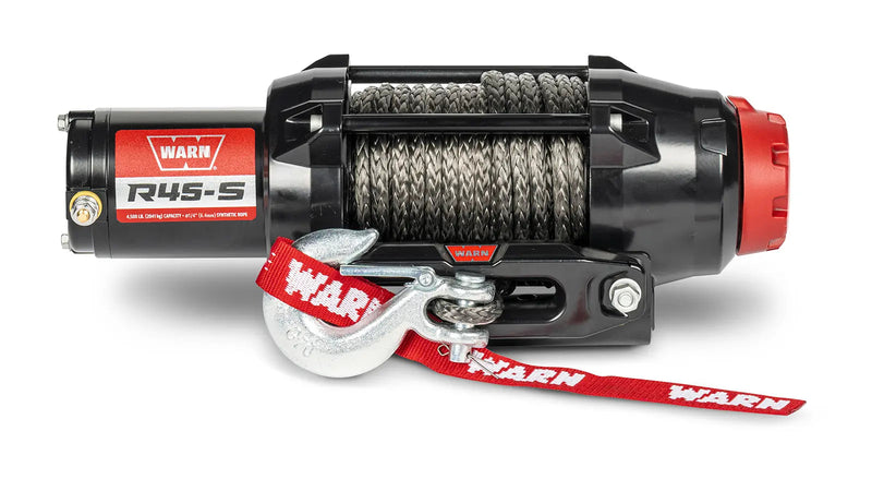Warn R45-S powersports winch, front elevation on white, showing synthetic rope on the drum, the hawse fairlead and the hook with its red Warn strap