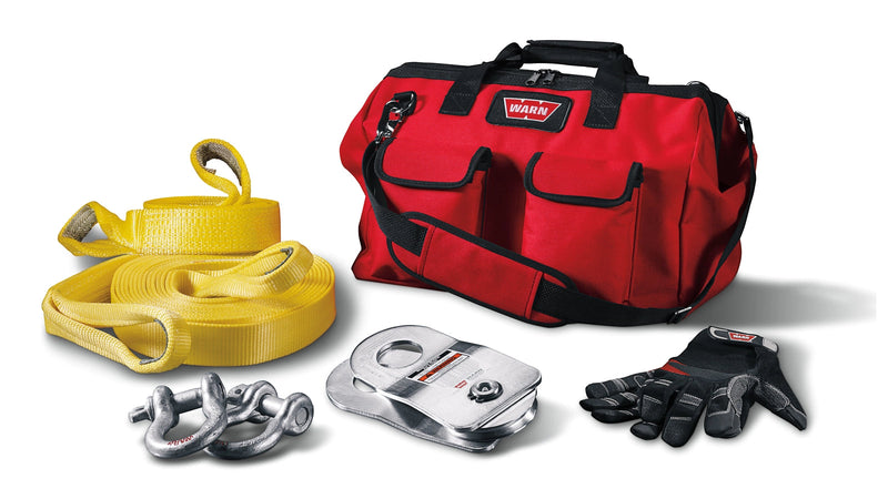 Warn Medium Duty Recovery Kit contents: carry bag, straps, snatch block, shackles and gloves