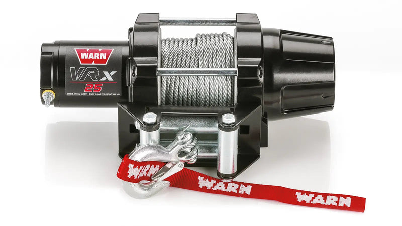 Warn VRX 25 powersports winch, front elevation on white, showing steel wire rope on the drum, the roller fairlead and the hook with its red Warn strap