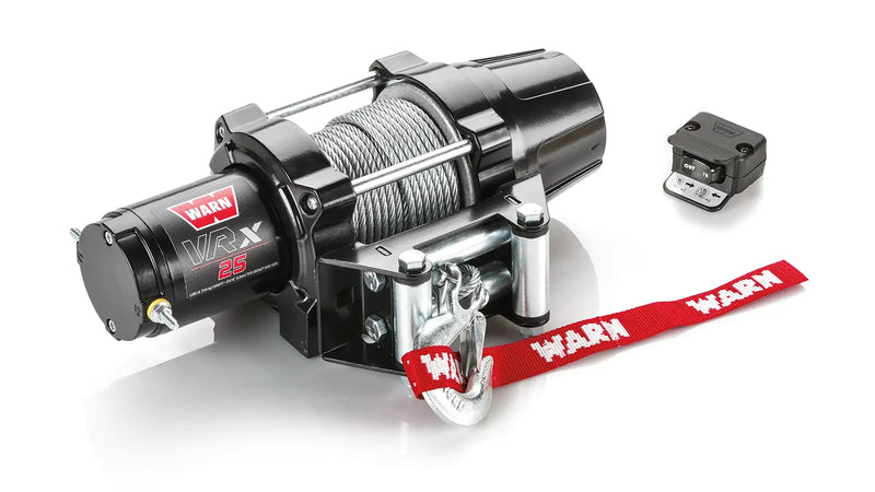 Warn VRX 25 powersports winch, three-quarter view on white, shown with the handlebar-mounted mini-rocker switch supplied with it