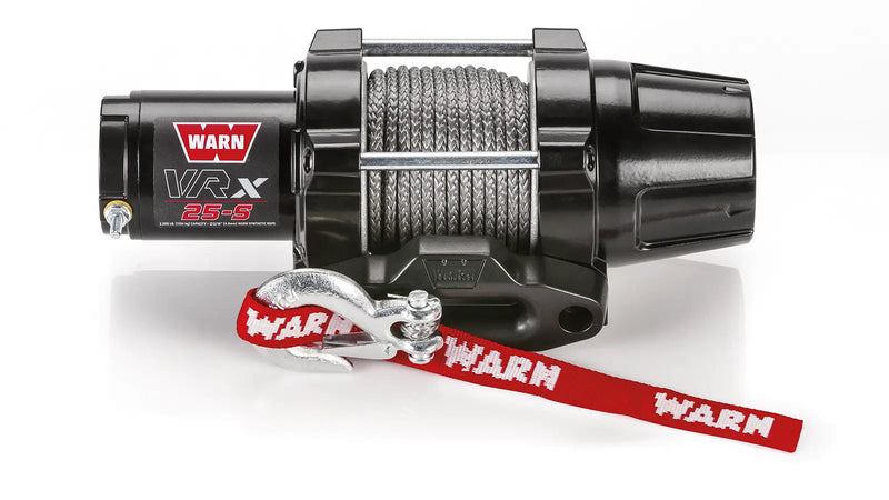 Warn VRX 25-S powersports winch, front elevation on white, showing synthetic rope on the drum, the hawse fairlead and the hook with its red Warn strap