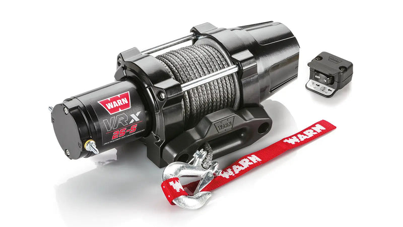 Warn VRX 25-S powersports winch, three-quarter view on white, shown with the handlebar-mounted rocker switch supplied with it