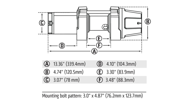 Warn dimension drawing for the VRX 35 with lettered overall dimensions and the mounting bolt pattern called out