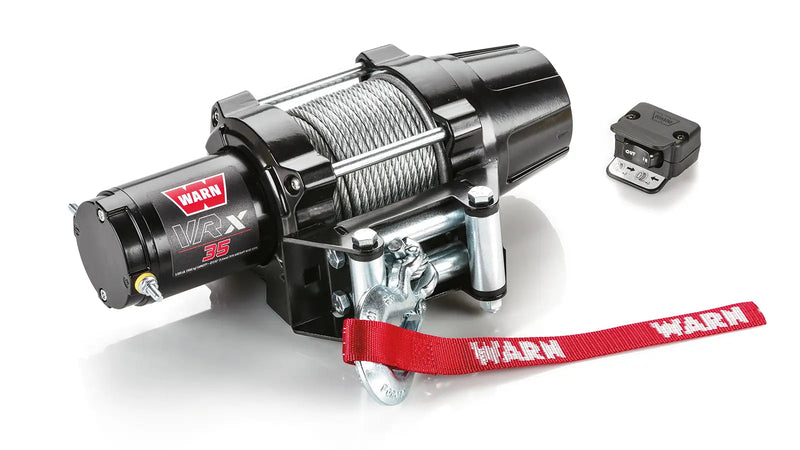 Warn VRX 35 powersports winch, three-quarter view on white, shown with the handlebar-mounted rocker switch supplied with it