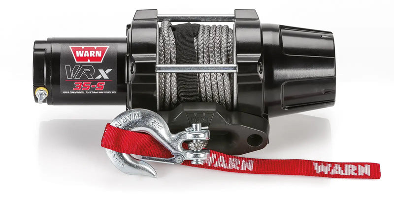 Warn VRX 35-S powersports winch, front elevation on white, showing synthetic rope on the drum, the hawse fairlead and the hook with its red Warn strap
