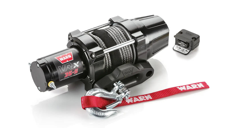 Warn VRX 35-S powersports winch, three-quarter view on white, shown with the handlebar-mounted rocker switch supplied with it