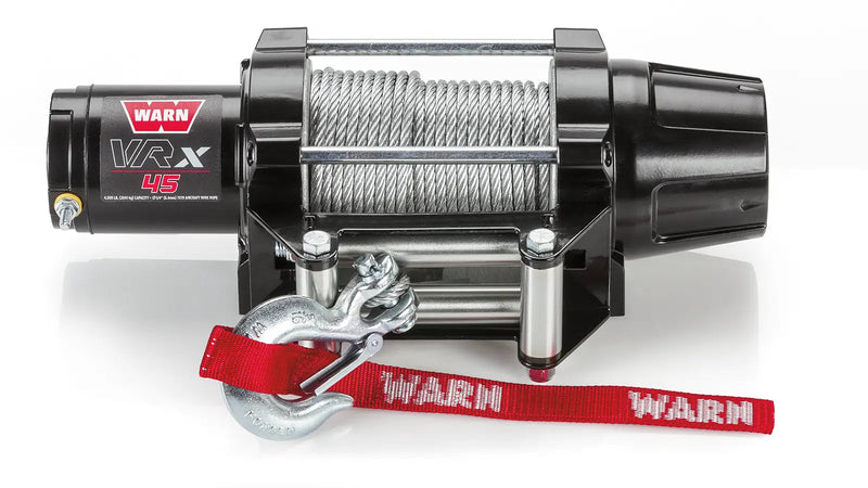 Warn VRX 45 powersports winch, front elevation on white, showing steel wire rope on the drum, the roller fairlead and the hook with its red Warn strap