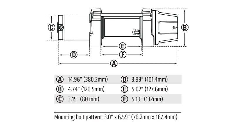 Warn dimension drawing for the VRX 45-S with lettered overall dimensions and the mounting bolt pattern called out