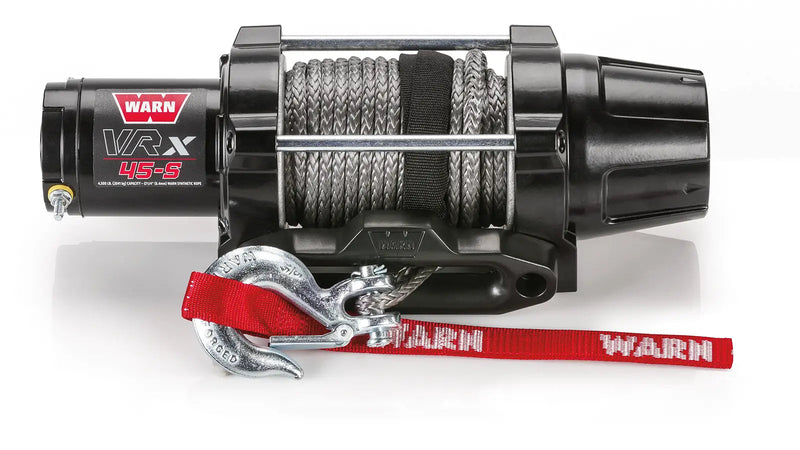 Warn VRX 45-S powersports winch, front elevation on white, showing synthetic rope on the drum, the hawse fairlead and the hook with its red Warn strap