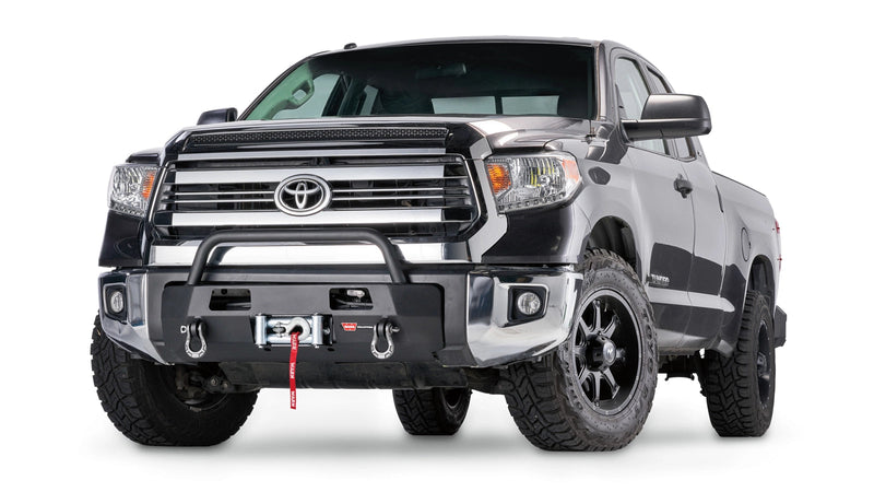 Warn Semi-Hidden Winch Mount with Grille Guard for 2014-2021 Toyota Tundra, shown installed on the vehicle