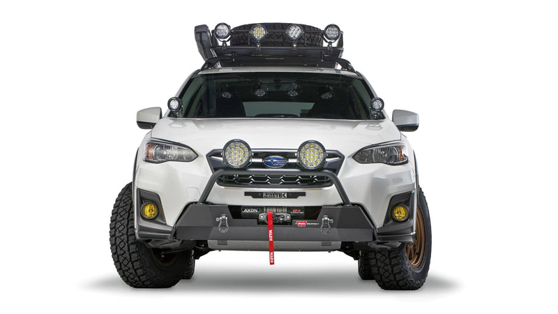 Warn Semi-Hidden Winch Mount and Grille Guard Tube on a 2018-2023 Subaru Crosstrek, alternate view with lights fitted