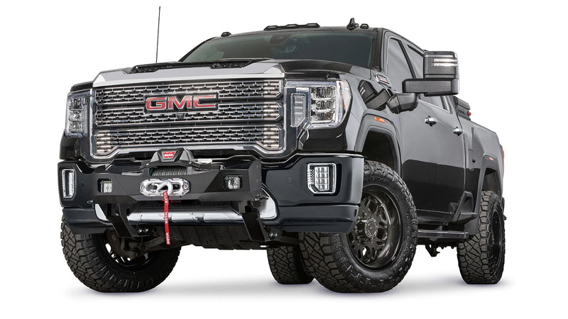 Warn Trans4mer Gen III Mounting Brackets for 2020-2026 GMC Sierra 2500/3500 HD, shown installed behind the Trans4mer winch carrier (sold separately)