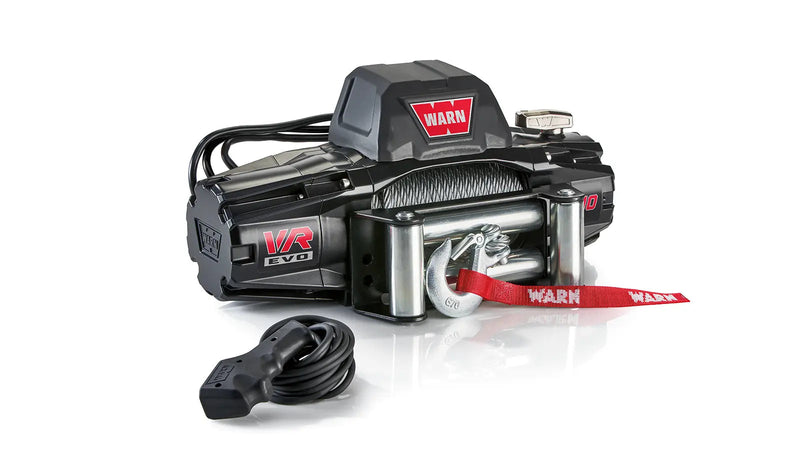 Warn VR EVO 10 Winch with steel wire rope, angled view with remote