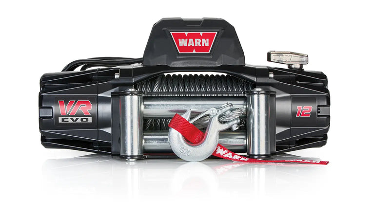 Warn VR EVO 12 Winch with steel wire rope, front view