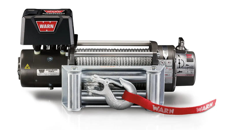 Warn M8 Winch with steel wire rope, front view