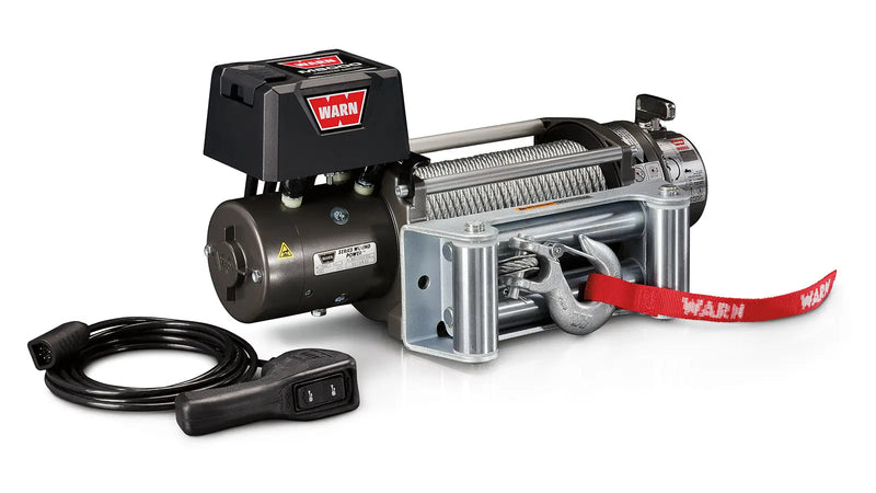 Warn M8 Winch with steel wire rope, angled view with remote