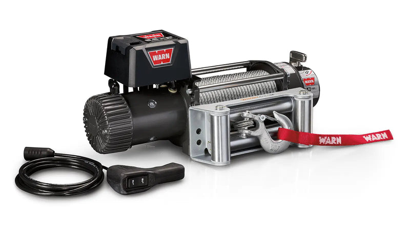 Warn 9.5XP Winch with steel wire rope, angled view with remote