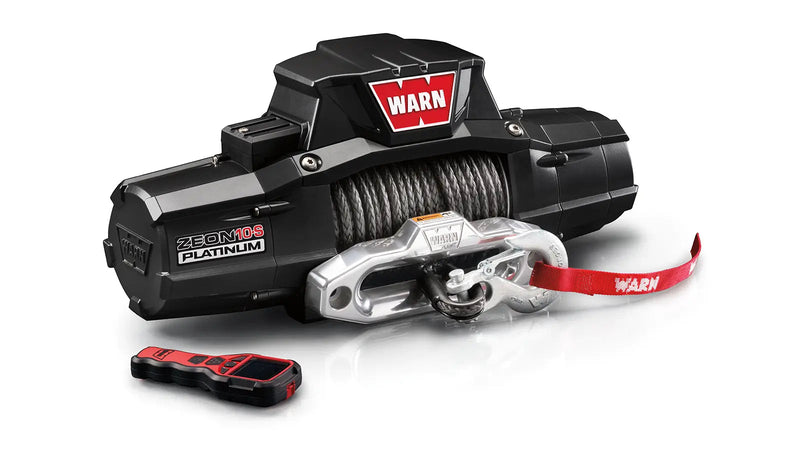 Warn ZEON Platinum 10-S Winch with synthetic rope, angled view with remote