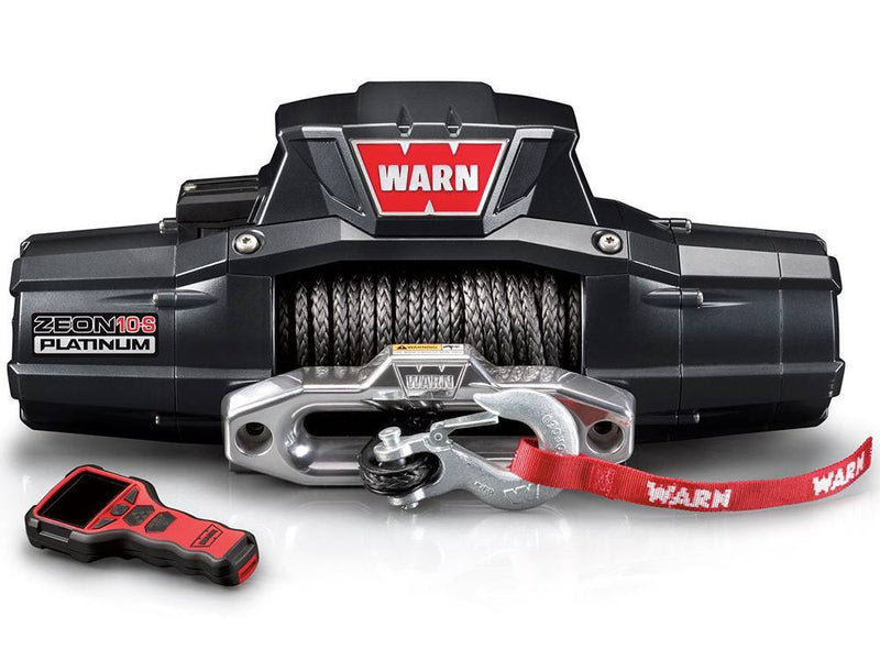 Warn ZEON Platinum 10-S Winch with synthetic rope, studio view with remote
